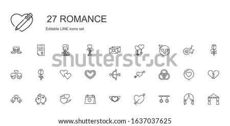 romance icons set. Collection of romance with rings, cupid, heart, wedding day, love birds, rose, couple, in love, love letter, wedding arch. Editable and scalable romance icons.