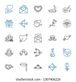 romance icons set. Collection of romance with rose, cupid, heart, lips, in love, love potion, love birds, swans, letter, newlyweds, diamond. Editable and scalable romance icons.