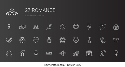 romance icons set. Collection of romance with valentines day, love letter, cupid, love, rose, couple, wedding arch, love potion, heart, engagement ring. Editable and scalable romance icons.