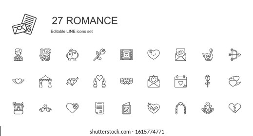 romance icons set. Collection of romance with wedding arch, heart, love letter, wedding contract, love birds, ring, wedding day, garter, diamond. Editable and scalable romance icons.