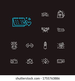 Romance icons set. Date day and romance icons with soft toy, pregnant woman and gift. Set of entry for web app logo UI design.