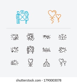 Romance icons set. Heart with arrow and romance icons with handing heart, locked heart, dating app. Set of together for web app logo UI design.