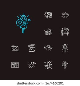 Romance icons set. Hearts and romance icons with groom suit, bridal bouquet and gift boxes with paper bags. Set of model for web app logo UI design.