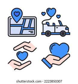 Iconos de romance establecidos = alfiler de mapa, auto de boda, caridad, amor de donación. Perfecto para aplicaciones móviles web, iconos de aplicaciones, presentación, ilustración y cualquier otro proyecto