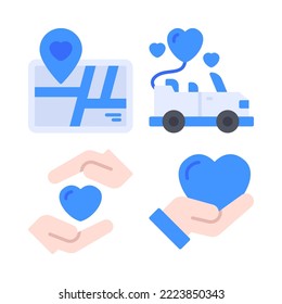 Iconos de romance establecidos = alfiler de mapa, auto de boda, caridad, amor de donación. Perfecto para aplicaciones móviles web, iconos de aplicaciones, presentación, ilustración y cualquier otro proyecto