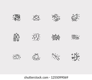 Romance icons set. Old couple and romance icons with open champagne, flowers and butterflies. Set of together for web app logo UI design.