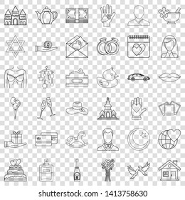 Romance icons set. Outline style of 36 romance vector icons for web for any design