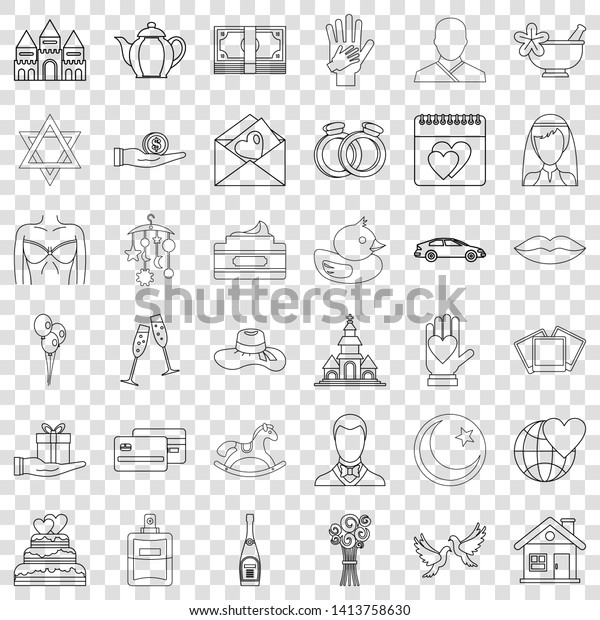 Romance icons set. Outline style of 36 romance\
vector icons for web for any\
design
