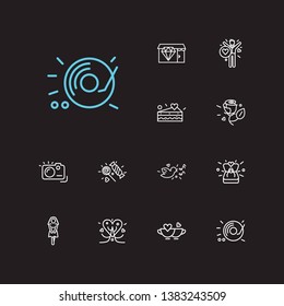 Romance icons set. Piece of cake and romance icons with girlfriend, love tree and proposal ring. Set of musical for web app logo UI design.