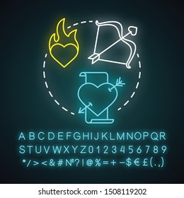 Romance literature neon light concept icon. Romantic books idea. Love heartbreaking stories & poems. Love affairs. Glowing sign with alphabet, numbers and symbols. Vector isolated illustration