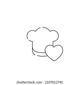 Romance and love concept. Outline sign drawn in flat style. Line icon of heart next to chefs hat 