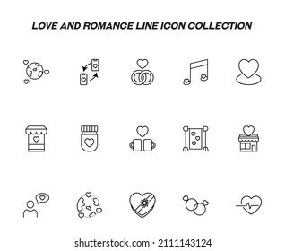 Romance and love concept. Vector monochrome outline signs drawn in flat style. Line icon set. Icon of Earth planet, musical notes, wedding rings, store, tea or coffee cups etc 