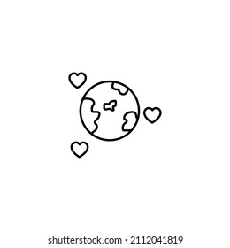 Romance and love concept. Vector monochrome outline signs drawn in flat style. Perfect for advertisement, articles, stores, internet pages. Line icon of Earth planet next to tiny hearts 