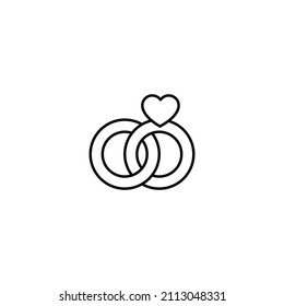 Romantik und Liebeskonzept. Vektor-monochrome Rahmenzeichen, gezeichnet im flachen Stil. Ideal für Werbung, Artikel, Läden, Internetseiten. Herzliniensymbol über Hochzeitsringen 
