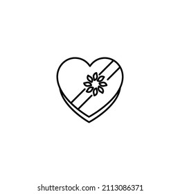 Romance and love concept. Vector monochrome outline signs drawn in flat style. Perfect for advertisement, articles, stores, internet pages. Line icon of flower on ribbon on giftbox in form of heart 