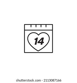 Romance and love concept. Vector monochrome outline signs drawn in flat style. Perfect for advertisement, articles, stores, internet pages. Line icon of 14 February inside of heart on calendar 