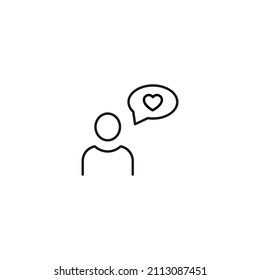 Romance and love concept. Vector monochrome outline signs drawn in flat style. Perfect for advertisement, articles, stores, internet pages. Line icon of heart in speech bubble next to faceless person 