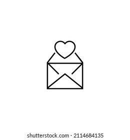 Romance and love concept. Vector monochrome outline signs drawn in flat style. Perfect for advertisement, articles, stores, internet pages. Line icon of heart over opened envelope 