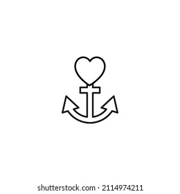 Romance and love concept. Vector monochrome outline signs drawn in flat style. Perfect for advertisement, articles, stores, internet pages. Line icon of hearts over anchor for marine ships 