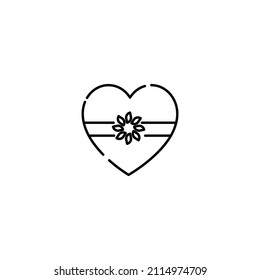 Romance and love concept. Vector monochrome outline signs drawn in flat style. Perfect for advertisement, articles, stores, pages. Line icon of ribbon with flower on candies box in form of heart 
