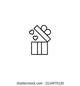 Romance and love concept. Vector monochrome outline signs drawn in flat style. Perfect for advertisement, articles, stores, internet pages. Line icon of hearts over giftbox 