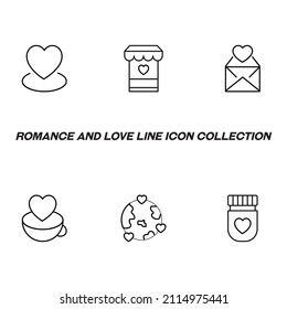 Concepto de romance y amor. Señales de contorno monocromo vectorial dibujadas en estilo plano. Conjunto de iconos de línea. Icono del corazón sobre tienda, sobre, taza, Tierra, anillo, botella 