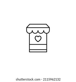 Concepto de romance y amor. Señales de contorno monocromo vectorial dibujadas en estilo plano. Perfecto para publicidad, artículos, tiendas, páginas de internet. Icono de línea de corazón en la ventana de la tienda 