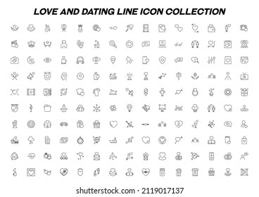 Romance, love and dating concept. Line icon set of 150 icons related to heart near various items. Vector sign in flat style. Suitable for advertisement, web sites, stores, etc. Editable stroke