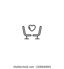 Romance, love and dating concept. Outline sign and editable stroke drawn in modern flat style. Suitable for articles, web sites etc. Vector line icon of heart between seats or chairs 