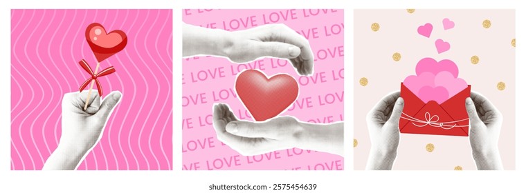 Romance Love Halftone collage Hand with Red heart greeting cards. Valentine's Day celebration holiday 14 february design posters. Trendy mixed media style banner set. Vector illustration