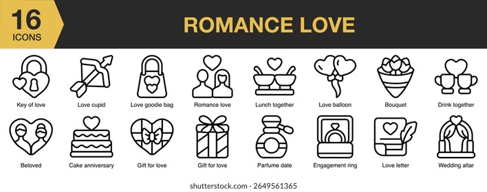 Romance Love icon set. Includes romance, love, couple, heart, affection, and More. Outline icons vector collection.