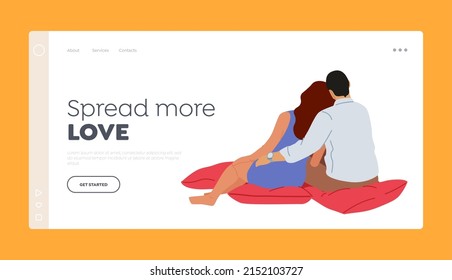 Romance or Love Landing Page Template. Loving Couple Hugging Sitting on Plaid Back View, Man and Woman Embracing, Happy Relation, Dating, Happy Romantic Feelings, Emotions, Cartoon Vector Illustration