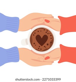 Romance love. Male and female hands holding cup of coffee with foam and heart. Top view. Vector illustration. Hand drawn for design, advertising, decor, decoration, romantic postcards