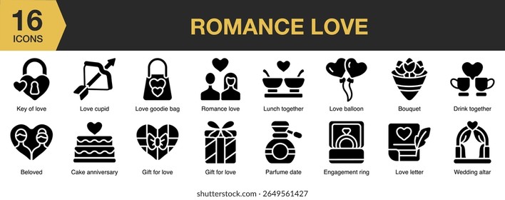 Romance Love solid icon set. Includes romance, love, couple, heart, affection, and More. Solid icons vector collection.