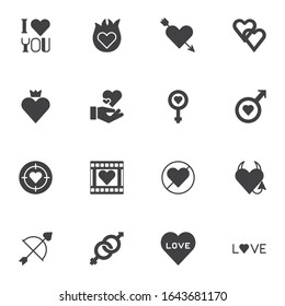 Romance, iconos vectoriales amados, colección moderna de símbolos sólidos, paquete de pictogramas estilo relleno. Señales, ilustración del logotipo. El juego incluye íconos como corazón ardiente, arco cupido con flecha, sexo de mujer y hombre