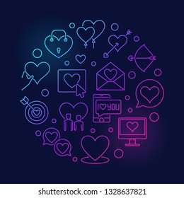 Romance and Love vector round colorful linear illustration on dark background