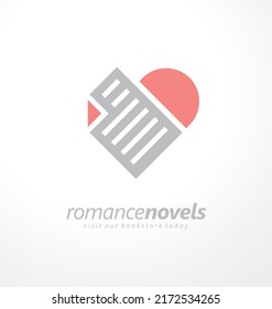 Romance novels and love stories minimal logo design concept for book store. Creative symbol idea with heart shape and book page in negative space. Vector illustration.