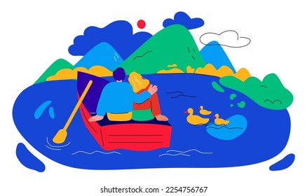 Romance on a mountain lake - modern colorful flat design style illustration on white background. A couple of lovers sit in a boat and look at the picturesque landscape. Ducks swim, summer vacation