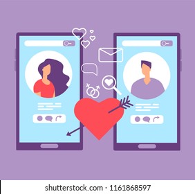 Romance online dating. Loving couple on screens of mobile phones. Dating applications vector concept. Illustration of dating online, couple love in social network