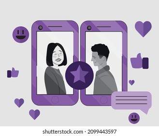 Romance online dating. Loving couple on screens of mobile phones. Dating applications vector concept. Illustration of dating online, couple love in social network