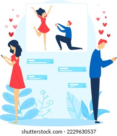Romance proposal, concept love young, romantic woman, girlfriend man happiness, design, cartoon style vector illustration.