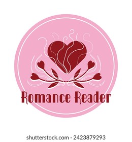 Lector de romances. Citas divertidas de libros románticas con un bonito corazón rojo. Señal de lectura de novela de amor. Género literario. Frases románticas, de amante de los libros. Ilustración vectorial aislada a mano