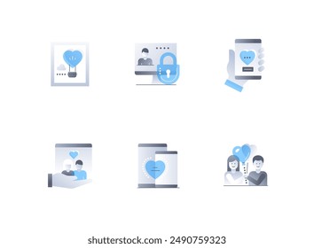 Romance and relationships - flat design style icons set. High quality colorful images of honeymoon, February, couple compatibility, dating app, match, heart, feelings, reciprocity and love idea