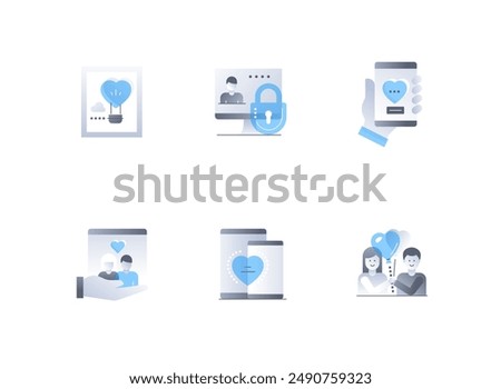 Romance and relationships - flat design style icons set. High quality colorful images of honeymoon, February, couple compatibility, dating app, match, heart, feelings, reciprocity and love idea