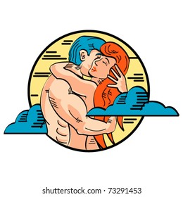Romance or romantic embrace between Adam and Eve showing love in a pop art or cartoon style.