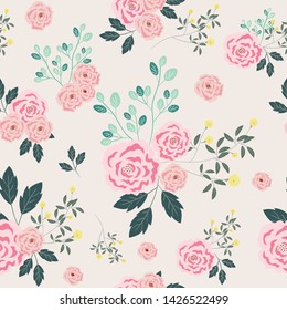 romance rose seamless flowers pattern. Delicate petals and vibrant blossoms create an artistic and vintage botanical illustration. Perfect for wallpaper, fabric, wrapping paper and more.