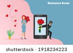 Romance scam, dating scam, cyber crime, hacking, phishing and financial security concept. Hacker,scammer online chatting with woman and sending rose flowers on smartphone screen. 