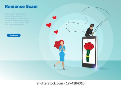 Romance scam, dating scam, cyber crime, hacking, phishing and financial security concept. Hacker,scammer online chatting with woman and sending rose flowers on smartphone screen. 