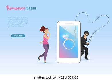 Romance scam, dating scam, cyber crime, hacking, phishing and love scam concept. Hacker,scammer cheating woman by offering diamond ring on smart phone. Online social media fraud.