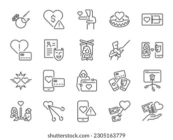 Romance scam icon set. It included phishing, fake, lie, fraud, romantic scam, and more icons. Editable Stroke.